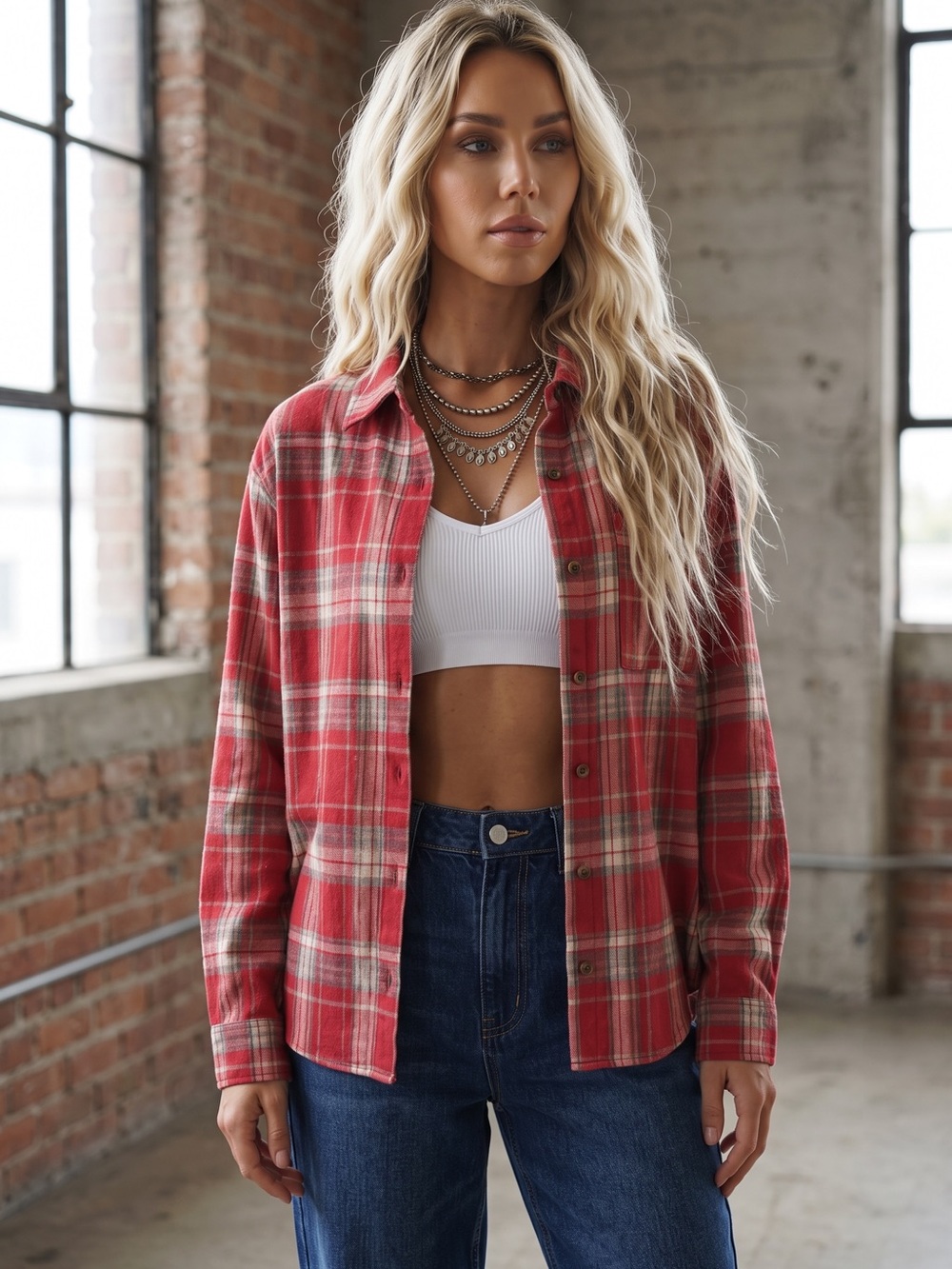 NWT Double Zero Plaid Button Down Flannel 90’s Grunge Top Shirt Red - Picture 2 of 7